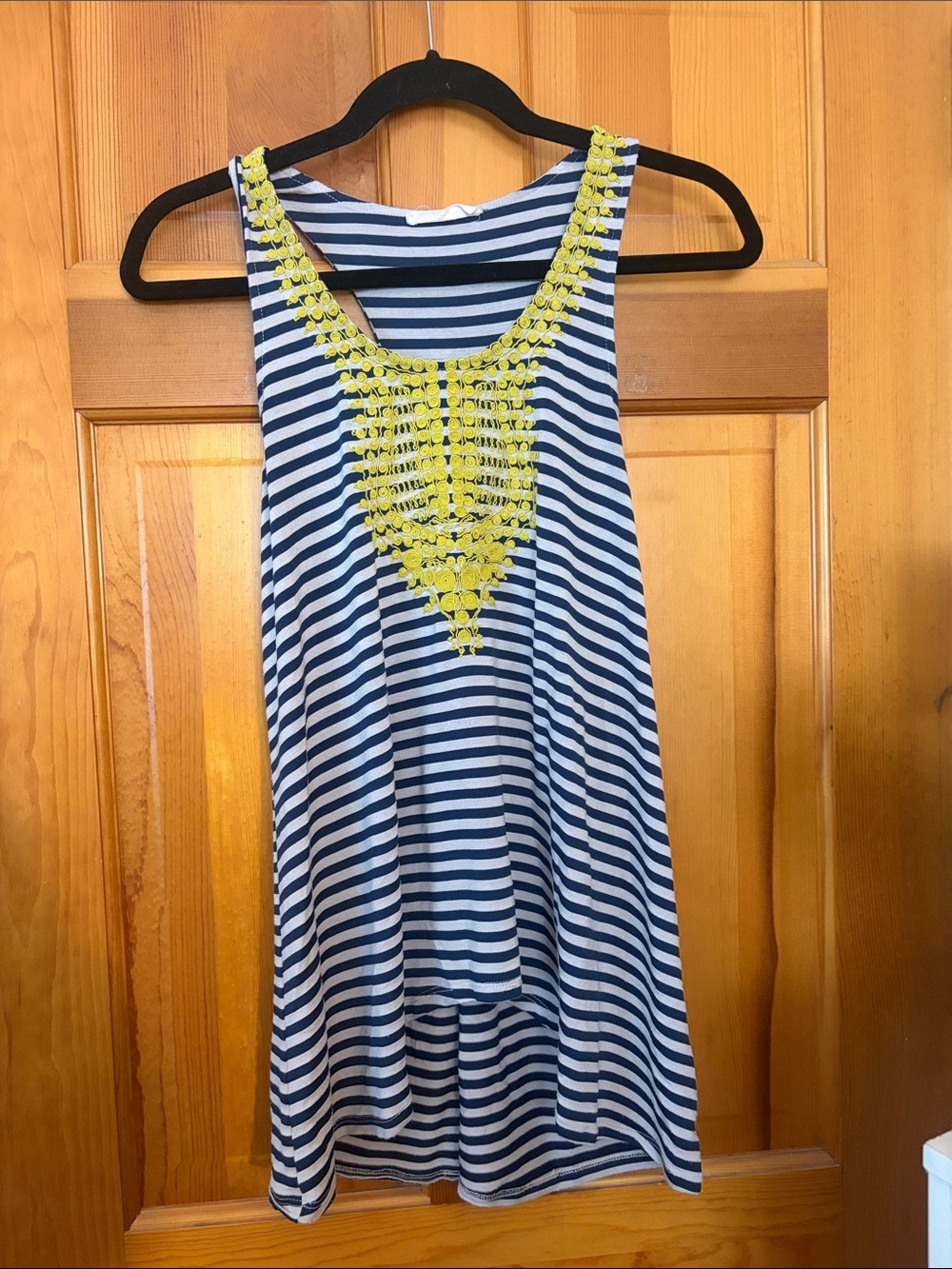 Striped Navy & White Tank Top with Yellow Embellished Neckline
